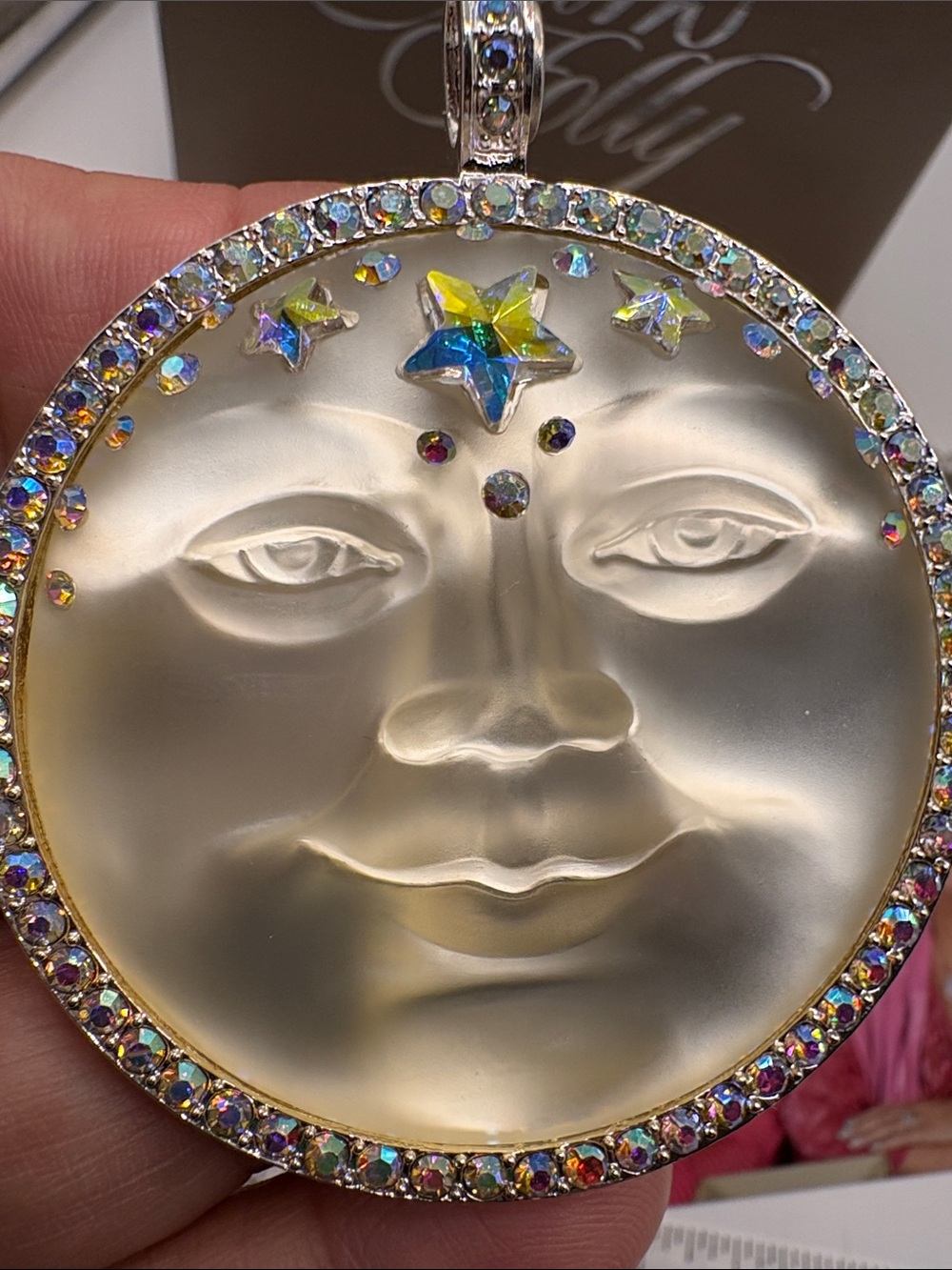 Kirks Folly Iridescent Magnetic  Pearl Moon Face Pendant with Multicolor Crystal - Picture 3 of 6